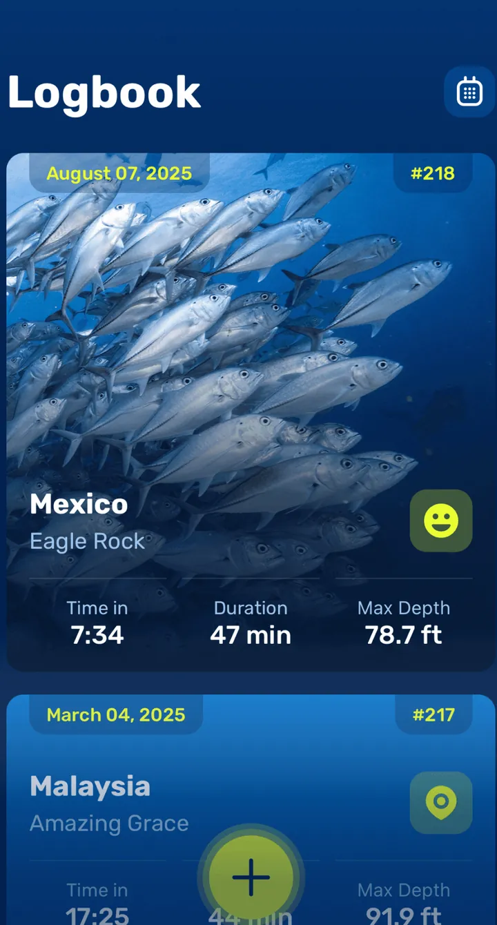 Seabook Logbook listing past dives with time, duration and max depth